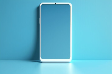 Person holding hand with blank mobile phone. Mock up for product advertising or image display, clean blue empty background.. 