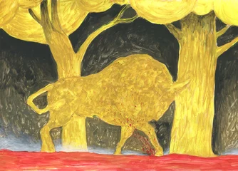 Gordijnen watercolor painting. bull in the forest. illustration.  © Anna Ismagilova