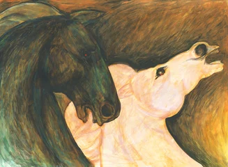 Gordijnen watercolor painting. two horses. illustration.  © Anna Ismagilova