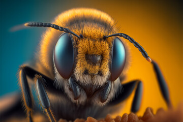 Close up of a Flying Honey Bee Illustration, Macro of a Bee Insect, Generative AI