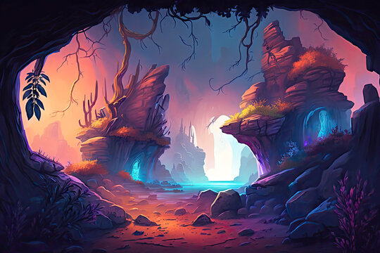Cartoon fantasy landscape with empty space. Game background for TCG. Fantasy, casual, colorful digital art made with Generative AI, Ai art