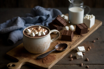 Hot chocolate in a white ceramic mug on a wooden tray with a spoon and a stack of homemade marshmallows on the side; topped with cream and chocolate shavings, and has sprinkle of cinnamon powder
