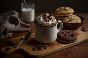 Obraz na płótnie Canvas Hot chocolate in a white ceramic mug on a wooden tray with a spoon and a stack of homemade cookies on the side; topped with cream and chocolate shavings, and has sprinkle of cinnamon powder