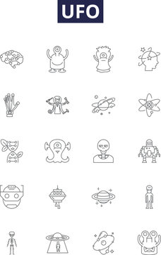 Ufo line vector icons and signs. Alien, Extraterrestrial, Sighting, Abduction, Roswell, Flying, Disk, Unidentified outline vector illustration set