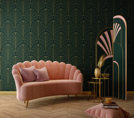 Art Deco interior in classic style with pink sofa and table.3d rendering © manow