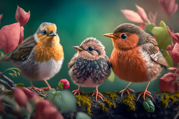 Cute little spring birds on the branch of a tree and flowers, bokeh background, generative ai