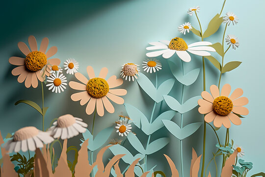 Paper cut spring colorful flowers and leaves craft, background, generative ai