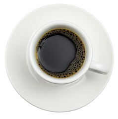 Closeup black espresso coffee in white porcelain cup from above view isolated clipping path on white background.