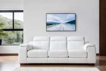 White living room design with mockup frame. Modern minimalistic interior background, 3d render with copy space.