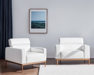 White living room design with mockup frame. Modern minimalistic interior background, 3d render with copy space.