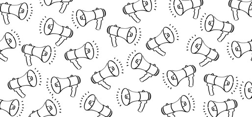 Cartoon megaphone, microphone to speak message symbol or logo. loudspeaker, microfoon pictogram. Horn, announcing for atention talk. Megaphone amplifier. Drawing talking news or for protest. Bullhorn.