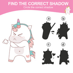 Find the correct shadow. Matching unicorn shadow game for children. Worksheet for kid. Educational printable worksheet. Vector illustration.