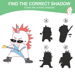 Find the correct shadow. Matching unicorn shadow game for children. Worksheet for kid. Educational printable worksheet. Vector illustration.