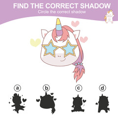 Find the correct shadow. Matching unicorn shadow game for children. Worksheet for kid. Educational printable worksheet. Vector illustration.