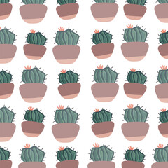 Vector hand drawn pattern of cactus house plant in pot. Doodle style, isolated on white background.