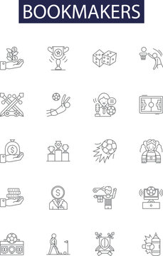 Bookmakers line vector icons and signs. Oddsmakers, Wagering, Gambling, Betting, Stakers, Punters, Handicappers, Linesmakers outline vector illustration set