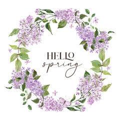 Spring floral wreath, watercolor illustration. Round frame made of lilac flowers and lush greenery. - 581496768