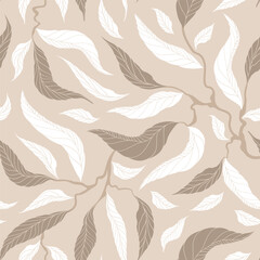 Fototapeta premium Leaves and branches in muted shades of white, pale brown and gray on a square beige background. Seamless floral pattern.