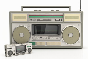 A vintage radio and cassette isolated on a white background