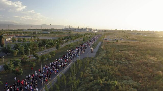Aerial video shoot of People running at Almaty Marathon, Kazakhstan.