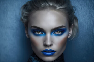 Portrait of a woman with blue make up made with Generative AI.