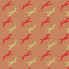 Jumping dog vector repeating seamless simple pattern with dog silhouette on a square background. pink and yellow color theme