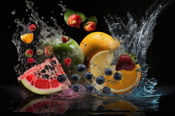 Fototapeta na wymiar A large, black background with a variety of fresh fruits and water splashes is in the foreground. for Skinali, a high resolution collage. Generative AI