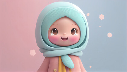 3D Illustration of cute hijab girl character. Generative AI.