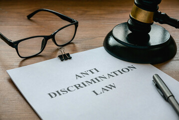 Anti discrimination law. Equality and human rights concept.Court scene judgement attorney. Document...