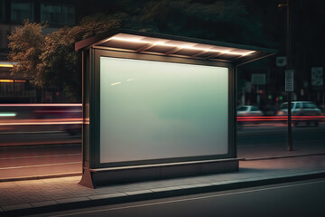 AI generated Bus stop with blank billboard.  Neon light