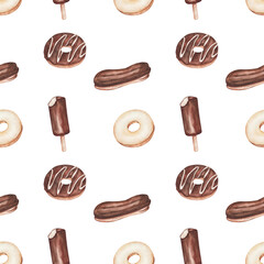 Watercolor seamless pattern. Hand painted illustration of classic donuts with white icing, chocolate. Eskimo pie ice cream. Brown eclair. Sweet dessert doughnut. Print on white background for textile