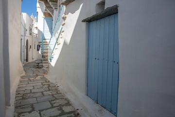 Tinos island Greece. Cycladic architecture in white and blue at Kardiani village.