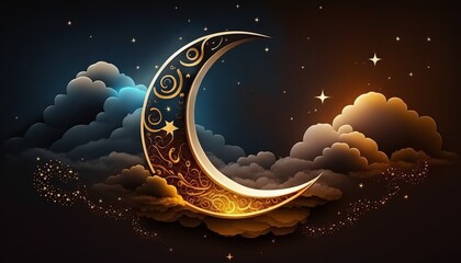 Obraz na płótnie Canvas Ramadan Kareem background with crescent, stars and clouds, Generative ai
