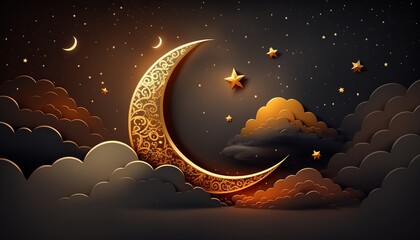Obraz na płótnie Canvas Ramadan Kareem background with crescent, stars and clouds, Generative ai