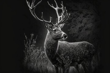 Dark backdrop with deer. Image in black and white. Generative AI