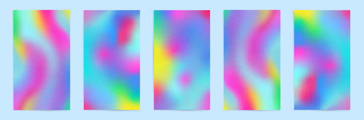 Obraz premium Holographic vertical backgrounds, templates for social media posts and stories banners. Blurry abstract designs. Wavy rainbow gradient layout template set. Vector illustrations with gradient mesh.