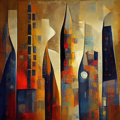 Stylized image of the city painting. Cityscape abstract painting. City skyscrapers in cubism style. Associative painting. AI-generated