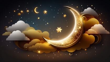 Fototapeta na wymiar Ramadan Kareem background with crescent, stars and clouds, Generative ai