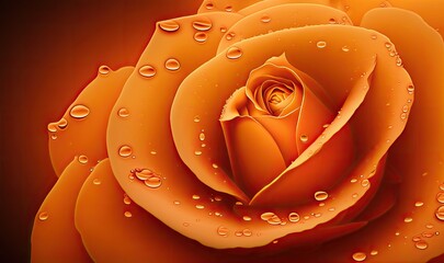 Close up macro photography of orange rose with water droplets after rain. Generative Ai.
