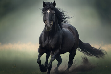 a black horse from the front running in a field Generative AI