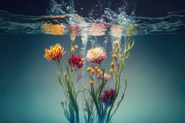 Fototapeta na wymiar Beautiful Flowers Under water. Generative Ai.