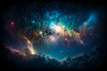 Fototapeta premium Night sky - Universe filled with stars, nebula and galaxy, flat 2d texture - Exploration, celestial, otherworldly, cosmic, infinite, mysterious, vast, mesmerizing, beautiful, colorful, 