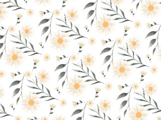 Fondo de patr&oacute;n de flores margaritas con efecto acuarela y hojas decorativas