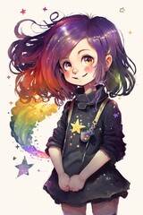 Obraz premium Sweet and Cheerful Cartoon Girl with Purple Hair and Cute Little Dress Generative AI