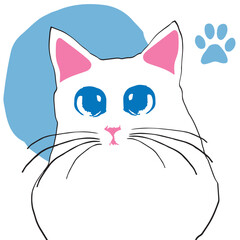 Chubby white cat with blue eyes over spots and blue paws. Minimalist art of domestic animals pets. Cute and with beautiful contrast.