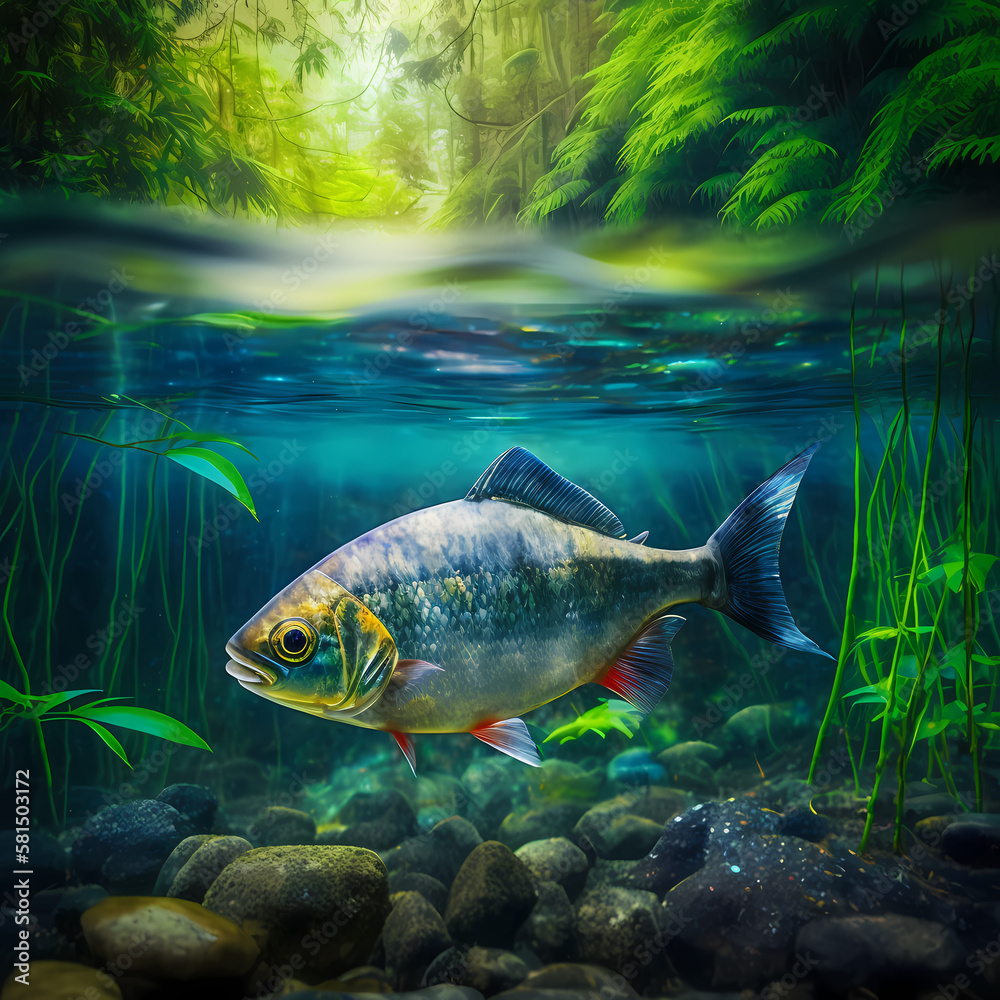 Wall mural Tetra Fish Under Water Rain Forest. Generative AI