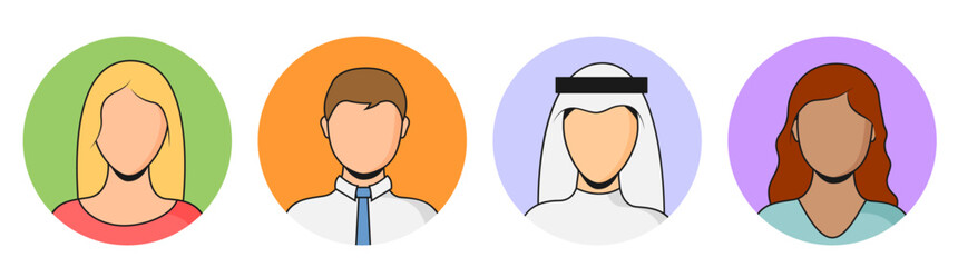 People of different nationalities, women and men, faces for posters, infographics, brochures vector illustration