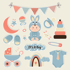 Baby shower. Cute baby boy in a rabbit costume. A set of stickers for a newborn