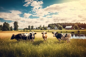 Cows grazing on a Field in Summertime - Cow Farm Panorama, AI generated