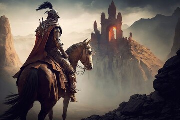 Warrior has returned from a battle on horseback wearing ancient cavalry armor. Generative AI